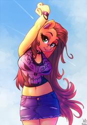 Size: 896x1280 | Tagged: safe, alternate version, artist:atryl, artist:siden, edit, editor:jamalleymall, oc, oc only, oc:pumpkin lily, species:anthro, species:earth pony, species:pony, anthro oc, arm behind head, armpits, beautiful, bedroom eyes, belly button, breasts, clothing, cloud, collaboration, cute, denim skirt, female, looking at you, mare, midriff, miniskirt, shirt, signature, skirt, sky, solo, stretching, ych result