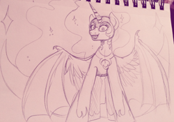 Size: 1200x838 | Tagged: safe, artist:lulubell, character:nightmare moon, character:princess luna, feathered bat wings, female, looming, sketch, solo, traditional art