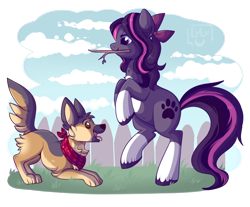 Size: 1000x826 | Tagged: safe, artist:lulubell, oc, oc only, oc:serene, species:dog, species:earth pony, species:pony, female, fetch, german shepherd, mare, mouth hold, rearing, simple background, socks (coat marking), solo, transparent background
