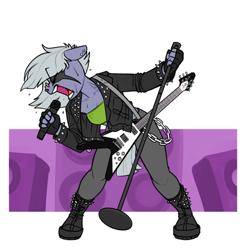 Size: 1240x1257 | Tagged: safe, artist:siden, character:limestone pie, oc, oc:decibelle, species:anthro, species:earth pony, species:plantigrade anthro, species:pony, alternate universe, boots, ear piercing, female, flying v, guitar, microphone, nose piercing, piercing, punk, rock, rock (music), shoes, solo, tube top, ultimare universe