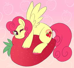 Size: 888x819 | Tagged: safe, artist:lulubell, character:strawberry sunrise, species:pegasus, species:pony, cute, female, food, fruit, giant produce, mare, solo, strawberry, strawwberry sunrise, suspicious floating fruit