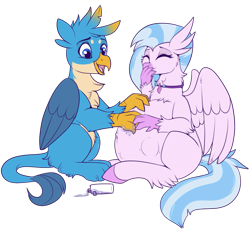 Size: 841x775 | Tagged: safe, artist:lulubell, derpibooru original, character:gallus, character:silverstream, species:classical hippogriff, species:griffon, species:hippogriff, ship:gallstream, belly, big belly, chest fluff, cute, diastreamies, female, gallabetes, hoof on belly, interspecies, kicking, male, oil, ointment, older, paws, pregnant, rubbing, shipping, simple background, straight, transparent background