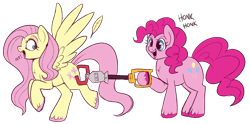 Size: 1200x595 | Tagged: safe, artist:lulubell, character:fluttershy, character:pinkie pie, species:earth pony, species:pegasus, species:pony, butt grab, butt touch, colored hooves, cute, duo, eep, feather, female, grabbing, grope, honk honk, hoof hold, looking back, mare, mechanical claw, molestation, open mouth, personal space invasion, raised hoof, raised leg, simple background, smiling, spread wings, surprised, toy, transparent background, unshorn fetlocks, wide eyes, wings