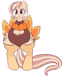 Size: 900x1044 | Tagged: safe, artist:lulubell, oc, oc only, oc:lulubell, species:pony, species:unicorn, chubby, clothing, costume, fat, female, freckles, mare, smiling, solo, turkey costume, wide hips