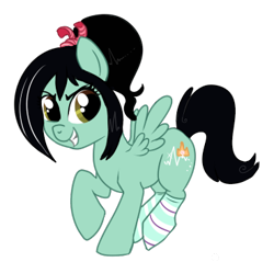 Size: 369x353 | Tagged: safe, artist:lulubell, species:pegasus, species:pony, clothing, female, filly, grin, looking at you, ponified, simple background, smiling, socks, solo, sugar rush, transparent background, vanellope von schweetz, wreck-it ralph