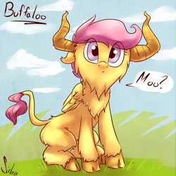 Size: 920x920 | Tagged: safe, artist:siden, character:scootaloo, species:buffalo, species:pegasus, species:pony, buffaloo, cloven hooves, female, fluffy, horns, looking at you, moo, pun, sitting, solo, species swap, wide eyes