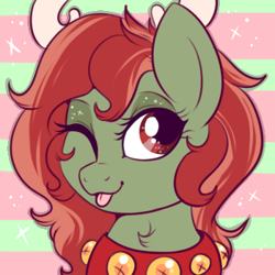 Size: 350x350 | Tagged: safe, artist:lulubell, oc, oc:withania nightshade, species:earth pony, species:pony, antlers, bell, bell collar, collar, icon, one eye closed, reindeer antlers, solo, tongue out, wink