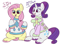 Size: 900x678 | Tagged: safe, artist:lulubell, character:fluttershy, character:rarity, species:pegasus, species:pony, species:unicorn, ship:rarishy, clothing, female, lesbian, mare, matching outfits, shipping, sweater, ugly sweater