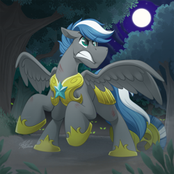 Size: 1446x1446 | Tagged: safe, artist:bcpony, oc, oc:cloud zapper, species:pegasus, species:pony, armor, commission, forest, full moon, hoof shoes, male, moon, night, royal guard, solo, stars