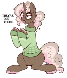 Size: 650x752 | Tagged: safe, artist:lulubell, oc, oc only, oc:neighsayer, species:pony, species:unicorn, clothing, conspiracy theory, female, glasses, mare, simple background, sitting, solo, sweater, transparent background