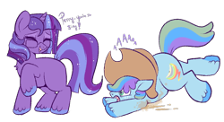 Size: 910x494 | Tagged: safe, artist:lulubell, oc, oc only, oc:moonlight eve, oc:perry russet, parent:applejack, parent:princess luna, parent:rainbow dash, parent:twilight sparkle, parents:appledash, parents:twiluna, species:pony, clothing, clumsy, hat, magical lesbian spawn, next generation, offspring, oversized hat, simple background, transparent background, tripping