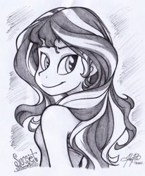 Size: 1280x1553 | Tagged: safe, artist:bcpony, character:sunset shimmer, species:human, my little pony:equestria girls, ambiguous facial structure, clothing, female, signature, smiling, solo, traditional art