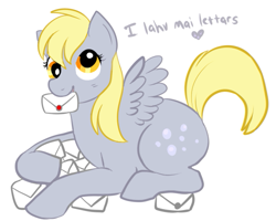 Size: 555x444 | Tagged: safe, artist:lulubell, character:derpy hooves, species:pegasus, species:pony, dialogue, female, heart, letter, mail, mare, mouth hold, prone, simple background, smiling, solo, white background