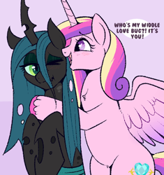 Size: 516x550 | Tagged: safe, artist:lulubell, character:princess cadance, character:queen chrysalis, species:alicorn, species:changeling, species:pony, ship:cadalis, baby talk, blushing, changeling queen, cute, cutealis, cutedance, dawwww, female, hug, infidelity, lesbian, mare, shipping, weapons-grade cute
