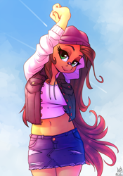 Size: 910x1300 | Tagged: safe, alternate version, artist:atryl, artist:siden, oc, oc only, oc:pumpkin lily, species:anthro, species:earth pony, species:pony, anthro oc, arm behind head, beanie, belly button, clothing, collaboration, cute, denim skirt, female, hat, looking at you, mare, midriff, miniskirt, ocbetes, shirt, short shirt, skirt, solo, stretching, ych result