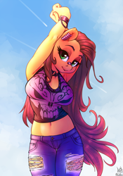 Size: 910x1300 | Tagged: safe, alternate version, artist:atryl, artist:siden, oc, oc only, oc:pumpkin lily, species:anthro, species:earth pony, species:pony, anthro oc, arm behind head, armpits, breasts, clothing, collaboration, female, looking at you, mare, shirt, solo, stretching, ych result