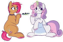 Size: 970x652 | Tagged: safe, artist:lulubell, character:babs seed, character:sweetie belle, species:earth pony, species:pony, species:unicorn, apron, babsbelle, baked bads, baking, clothing, collar, cooking, ear piercing, female, food, lesbian, magic, mare, piercing, shipping, sweetie belle can't cook, sweetie fail