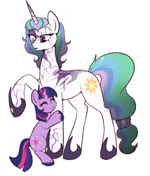 Size: 750x876 | Tagged: safe, artist:lulubell, character:princess celestia, character:twilight sparkle, character:twilight sparkle (unicorn), species:pony, species:unicorn, alternate universe, champion au, eye scar, female, filly, filly twilight sparkle, hug, mare, scar, simple background, teacher and student, transparent background, unshorn fetlocks, wingless, younger