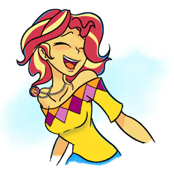 Size: 1037x1024 | Tagged: safe, artist:bcpony, derpibooru original, edit, character:sunset shimmer, my little pony:equestria girls, alternate hairstyle, bare shoulders, clothing, cute, eyes closed, female, happy, off shoulder, open mouth, shimmerbetes, short hair, shoulderless, simple background, solo, white background