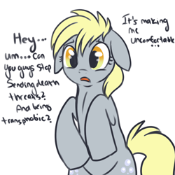 Size: 500x500 | Tagged: safe, artist:lulubell, character:derpy hooves, species:pegasus, species:pony, bipedal, derpygate, female, floppy ears, frown, mare, open mouth, sad, simple background, solo, text, underp, white background, worried