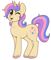 Size: 650x771 | Tagged: safe, artist:lulubell, oc, oc only, oc:cassiopeia, species:pony, species:unicorn, female, freckles, mare, one eye closed, open mouth, simple background, smiling, solo, white background, wink