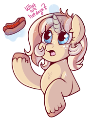 Size: 491x650 | Tagged: safe, artist:lulubell, oc, oc:lulubell, species:pony, species:unicorn, female, food, hot dog, hotdog bun, ketchup, levitation, looking at something, magic, mane, mare, meat, mouth, open mouth, question, question mark, sauce, sausage, solo, talking, telekinesis, text