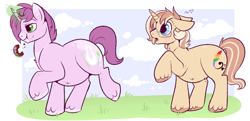 Size: 1100x533 | Tagged: safe, artist:lulubell, oc, oc only, oc:lulubell, oc:mulberry tart, species:pony, chubby, gay, male, rule 63