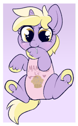 Size: 405x650 | Tagged: safe, artist:lulubell, character:dinky hooves, species:pony, species:unicorn, baby, baby pony, blushing, cute, dinkabetes, drool, female, filly, foal, onesie, solo, teething, underhoof, weapons-grade cute, younger