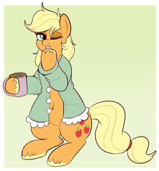 Size: 796x856 | Tagged: safe, artist:lulubell, character:applejack, species:pony, clothing, coffee, female, robe, solo, yawn