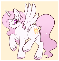 Size: 600x621 | Tagged: safe, artist:lulubell, character:princess celestia, species:alicorn, species:pony, female, filly, filly celestia, looking back, open mouth, pink-mane celestia, raised hoof, raised leg, solo, spread wings, unshorn fetlocks, wings, younger