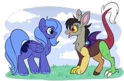 Size: 1000x660 | Tagged: safe, artist:lulubell, character:discord, character:princess luna, species:draconequus, species:pony, blank flank, cloud, cute, discute, duo, duo male and female, female, filly, filly luna, foal, freckles, grass, looking at each other, lunabetes, male, missing horn, open mouth, pegasus luna, s1 luna, simple background, smiling, standing, transparent background, unshorn fetlocks, young discord, young luna, younger