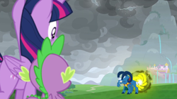 Size: 1904x1077 | Tagged: safe, edit, edited screencap, screencap, character:grogar, character:spike, character:twilight sparkle, character:twilight sparkle (alicorn), species:alicorn, species:dragon, species:pony, episode:the ending of the end, g4, my little pony: friendship is magic, leak, destroyed, destroyed building, grogar's bell, portal, ruins of canterlot, series finale, the end, the end is neigh, windigo, winged spike