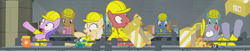 Size: 3580x732 | Tagged: safe, edit, edited screencap, screencap, species:earth pony, species:pony, episode:the last laugh, g4, my little pony: friendship is magic, 8 ball, assembly line, box, composite screencap, factory, female, frog, gag factory, hard hat, hat, jar, male, mare, package, panorama, rubber chicken, slipping, stallion, toy, worker