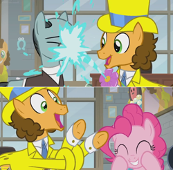 Size: 1364x1342 | Tagged: safe, edit, edited screencap, screencap, character:cheese sandwich, character:pinkie pie, character:sans smirk, species:pony, episode:the last laugh, g4, my little pony: friendship is magic, clothing, comic, elastic, factory, flower, gag factory, glasses, happy, hat, office, screencap comic, smiling, spray, suit, tied up, top hat, tuxedo, water