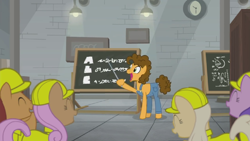 Size: 1364x768 | Tagged: safe, edit, edited screencap, screencap, character:cheese sandwich, species:pony, episode:the last laugh, g4, my little pony: friendship is magic, audience, chalkboard, clock, clothing, crowd, dungarees, factory, fancy mathematics, gag factory, hard hat, hat, laughing, lights, math, overalls, stick, uniform, worker, written equestrian