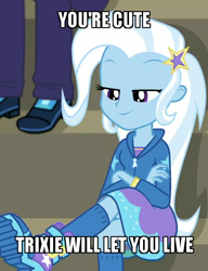 Size: 500x650 | Tagged: safe, edit, edited screencap, screencap, character:trixie, episode:sock it to me, g4, my little pony: equestria girls, my little pony:equestria girls, spoiler:choose your own ending (season 2), spoiler:eqg series (season 2), bleachers, boots, clothing, crossed legs, cute, diatrixes, female, kneesocks, marco dafoy, offscreen character, shoes, smug, sock it to me: trixie, socks