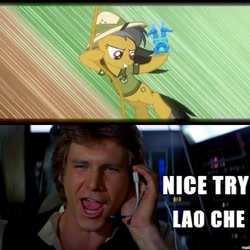 Size: 710x710 | Tagged: safe, edit, edited screencap, screencap, character:daring do, species:pegasus, species:pony, episode:read it and weep, g4, my little pony: friendship is magic, caption, crossover, exploitable meme, female, funny, han solo, harrison ford, headset, image macro, indiana jones, indiana jones and the temple of doom, male, mare, meme, memeception, millenium falcon, misquotes, rope swinging, sapphire statue, star wars, star wars: a new hope, text, triumphant, voice actor joke