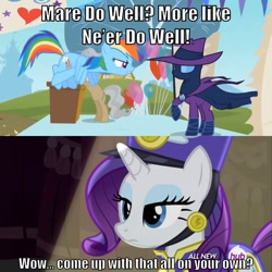 Size: 710x710 | Tagged: safe, edit, edited screencap, screencap, character:mare do well, character:mayor mare, character:rainbow dash, character:rarity, species:pegasus, species:pony, species:unicorn, episode:testing testing 1-2-3, episode:the mysterious mare do well, g4, my little pony: friendship is magic, ancient wonderbolts uniform, angry, balloon, caption, celebration, clothing, female, flat stare, flying, frown, hat, image macro, lidded eyes, mare, meme, podium, rarity is not amused, sarcasm, sgt. rarity, spotlight, surprised, text, unamused, uniform