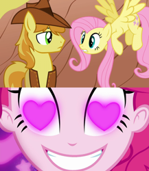 Size: 960x1104 | Tagged: safe, edit, screencap, character:braeburn, character:fluttershy, character:pinkie pie, ship:braeshy, episode:coinky-dink world, episode:over a barrel, eqg summertime shorts, g4, my little pony: equestria girls, my little pony: friendship is magic, my little pony:equestria girls, crack shipping, female, male, meme, pinkie's eyes, shipping, straight