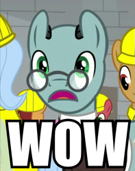 Size: 425x539 | Tagged: safe, edit, edited screencap, screencap, character:sans smirk, species:earth pony, species:pony, episode:the last laugh, g4, my little pony: friendship is magic, caption, cheese's factory, glasses, image macro, impressed, meme, open mouth, solo, text, wow
