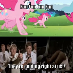 Size: 710x710 | Tagged: safe, edit, screencap, character:pinkie pie, species:pony, episode:too many pinkie pies, g4, my little pony: friendship is magic, airplane!, broken window, clone, female, fun, funny, imminent death, jumping out of a window, leslie nielsen, lots of pink, mare, meme, panic, pinkie clone, running, smoke, window