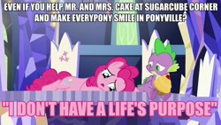 Size: 960x540 | Tagged: safe, edit, edited screencap, screencap, character:pinkie pie, character:spike, species:dragon, species:earth pony, species:pony, episode:the last laugh, g4, my little pony: friendship is magic, caption, cupcake, cutie map, desperate, doesn't make sense, food, image macro, joke, lies, lying down, map, no sense, sad, text, twilight's castle, wat, what the hay?, winged spike