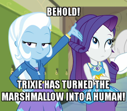 Size: 500x439 | Tagged: safe, edit, edited screencap, screencap, character:bulk biceps, character:rarity, character:trixie, episode:sock it to me, g4, my little pony: equestria girls, my little pony:equestria girls, spoiler:choose your own ending (season 2), spoiler:eqg series (season 2), bracelet, canterlot high, caption, cropped, crossed arms, female, geode of shielding, hallway, image macro, jewelry, lockers, magical geodes, meme, offscreen character, rarity is a marshmallow, smiling, text, trixie yells at everything