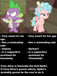 Size: 928x1240 | Tagged: safe, edit, screencap, character:cozy glow, character:spike, species:dragon, species:pegasus, species:pony, episode:frenemies, episode:molt down, g4, my little pony: friendship is magic, comparison, meme, similarities, text, text edit, theory