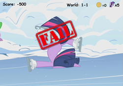 Size: 643x450 | Tagged: safe, edit, edited screencap, screencap, character:twilight sparkle, species:pony, episode:winter wrap up, g4, my little pony: friendship is magic, faceplant, fail, ice skating, video game