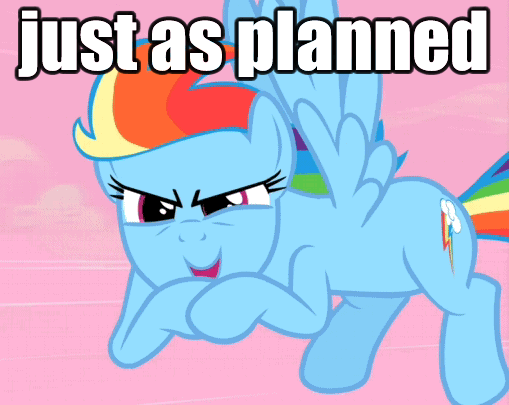 Size: 509x405 | Tagged: safe, edit, edited screencap, screencap, character:rainbow dash, species:pegasus, species:pony, episode:the super speedy cider squeezy 6000, g4, my little pony: friendship is magic, animated, caption, female, flying, gif, image macro, just as planned, solo, text