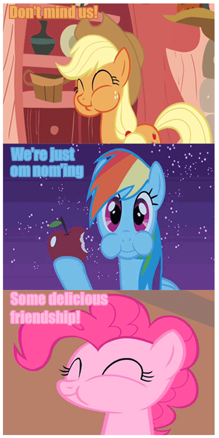 Size: 450x900 | Tagged: safe, edit, edited screencap, screencap, character:applejack, character:pinkie pie, character:rainbow dash, species:earth pony, species:pegasus, species:pony, episode:a bird in the hoof, episode:look before you sleep, episode:owl's well that ends well, g4, my little pony: friendship is magic, animated, apple, aweeg*, caption, food, gif, golden oaks library, image macro, text