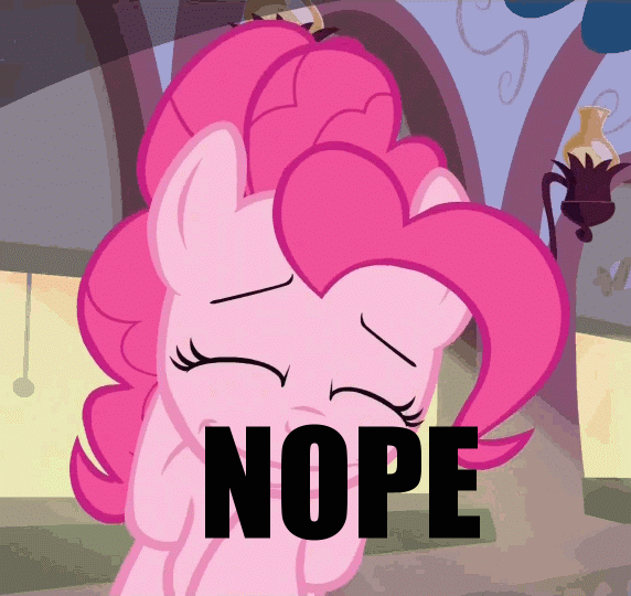 Size: 572x540 | Tagged: safe, edit, edited screencap, screencap, character:pinkie pie, species:earth pony, species:pony, episode:mmmystery on the friendship express, g4, my little pony: friendship is magic, animated, caption, eyes closed, female, gif, image macro, nope, solo, text