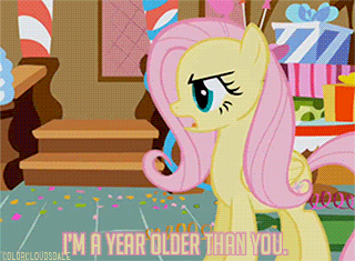 Size: 320x235 | Tagged: safe, edit, edited screencap, screencap, character:fluttershy, species:pegasus, species:pony, episode:griffon the brush-off, g4, my little pony: friendship is magic, animated, caption, female, gif, i'm a year older than you, image macro, solo, text