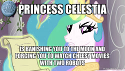 Size: 800x450 | Tagged: safe, edit, edited screencap, screencap, character:princess celestia, episode:the crystal empire, g4, my little pony: friendship is magic, bronybait, caption, image macro, meme, mystery science theater 3000, text, watermark
